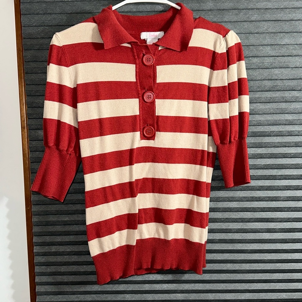 Large cream and red striped collared shirt